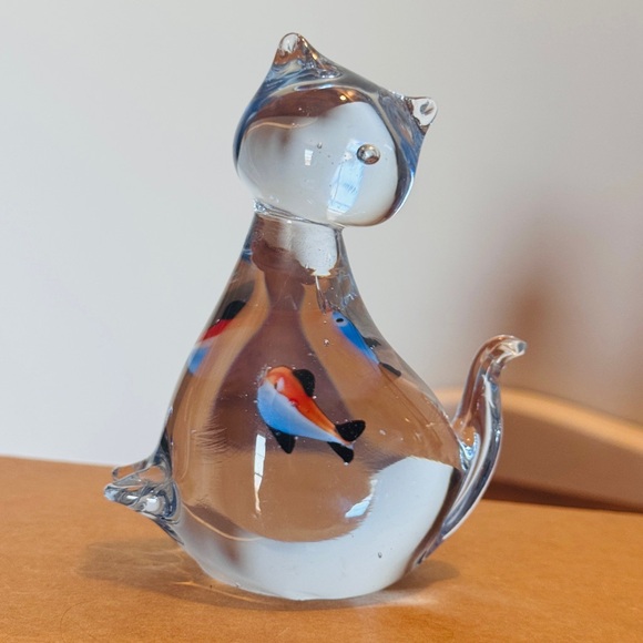 22. Hand Blown Art Glass Cat Figurine with Encased Fish | Studio Glass Decor - Picture 3 of 7